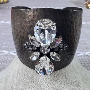 Hammered Metal Cuff Bracelet with Clear Gemstones